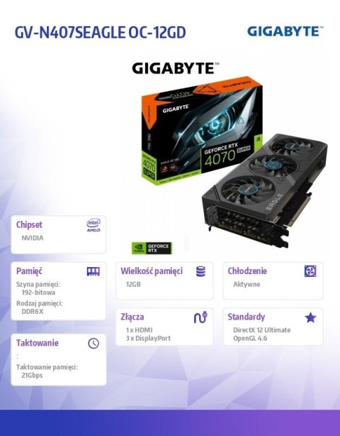 Gigabyte Karta graficzna RTX 4070 SUPER EAGLE OC 12G GDDR6X 192bit 3DP Gigabyte Karta graficzna RTX 4070 SUPER EAGLE OC 12G GDDR6X 192bit 3DP