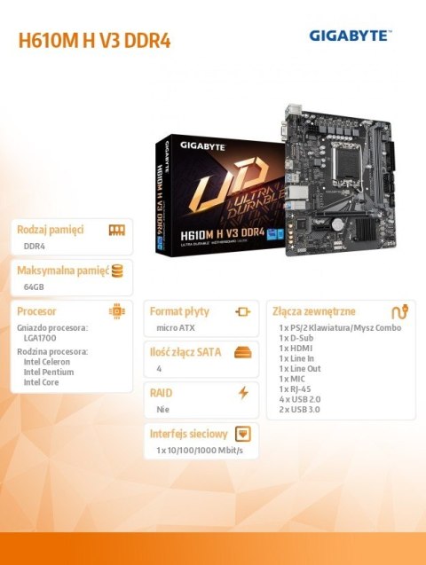 Gigabyte Płyta główna H610M H V3 DDR4 s1700 2DDR4 HDMI USB mATX Gigabyte Płyta główna H610M H V3 DDR4 s1700 2DDR4 HDMI USB mATX