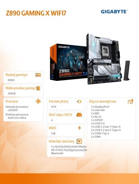 Gigabyte Płyta główna Z890 GAMING X WIFI7 Gigabyte Płyta główna Z890 GAMING X WIFI7