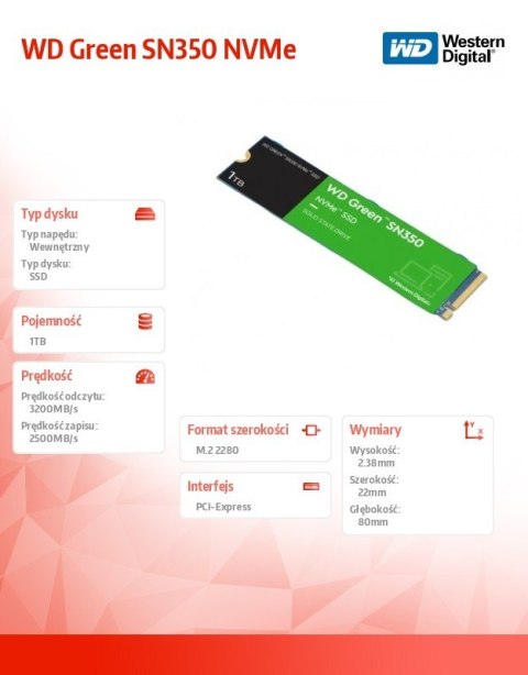 Western Digital Dysk SSD Green 1TB M.2 2280 SN350 NVMe PCIe Western Digital Dysk SSD Green 1TB M.2 2280 SN350 NVMe PCIe