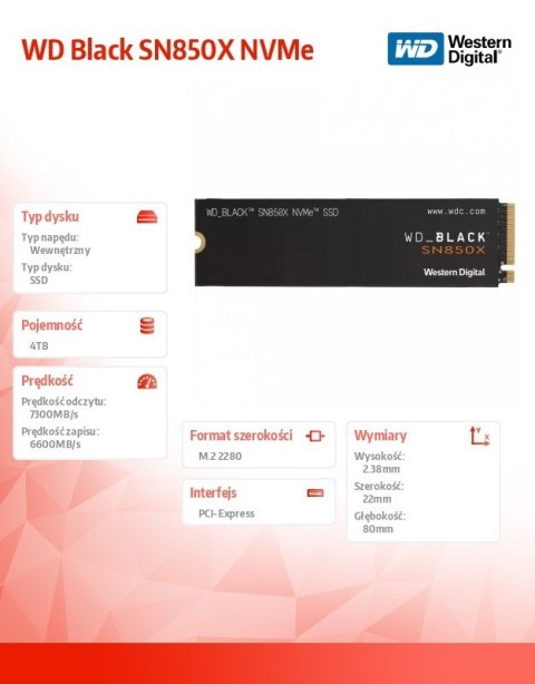 Western Digital Dysk SSD WD Black 4TB SN850X NVMe M.2 PCIe Gen4 2280 Western Digital Dysk SSD WD Black 4TB SN850X NVMe M.2 PCIe Gen4 2280