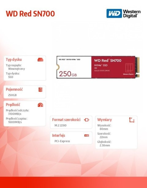 Western Digital Dysk SSD WD Red 250GB SN700 2280 NVMe M.2 PCIe Western Digital Dysk SSD WD Red 250GB SN700 2280 NVMe M.2 PCIe