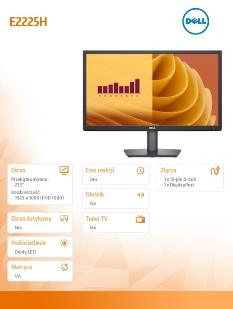 Dell Monitor E2225H 21.5 cala LED VA 1920x1080/DP/VGA/3Y Dell Monitor E2225H 21.5 cala LED VA 1920x1080/DP/VGA/3Y