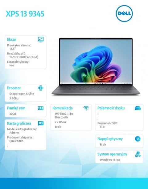 Dell Notebook XPS 13 9345 Win11Pro XELITE12C/32GB/1TB/13.4 FHD+ AntiGlare/UMA GPU/FgrPr/FHD/IR Cam/Mic/WLAN + BT/Backlit Kb/3 Cell/3Y Dell Notebook XPS 13 9345 Win11Pro XELITE12C/32GB/1TB/13.4 FHD+ AntiGlare/UMA GPU/FgrPr/FHD/IR Cam/Mic/WLAN + BT/Backlit Kb/3 Cell/3Y