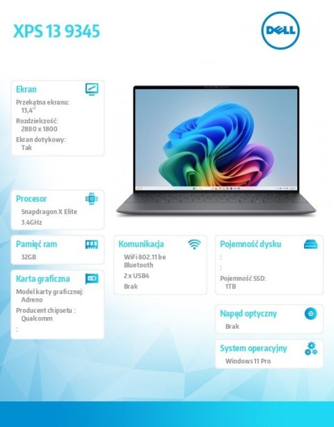 Dell Notebook XPS 13 9345 Win11Pro XELITE12C/32GB/1TB/13.4 OLED Touch/UMA GPU/FgrPr/FHD/IR Cam/Mic/WLAN + BT/Backlit Kb/3 Cell/3Y Bas Dell Notebook XPS 13 9345 Win11Pro XELITE12C/32GB/1TB/13.4 OLED Touch/UMA GPU/FgrPr/FHD/IR Cam/Mic/WLAN + BT/Backlit Kb/3 Cell/3Y Bas