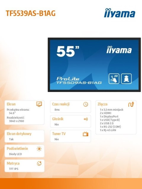 IIYAMA Monitor 55 cali TF5539AS-B1AG,IPS,4K,HDMIx2,DP,RJ45,3xUSB,2x10W, ANDROID,24/7,IP65 IIYAMA Monitor 55 cali TF5539AS-B1AG,IPS,4K,HDMIx2,DP,RJ45,3xUSB,2x10W, ANDROID,24/7,IP65