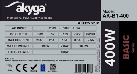 AKYGA Zasilacz ATX 400W AK-B1-400 P4 3x SATA 2x Molex PPFC FAN 12CM AKYGA Zasilacz ATX 400W AK-B1-400 P4 3x SATA 2x Molex PPFC FAN 12CM
