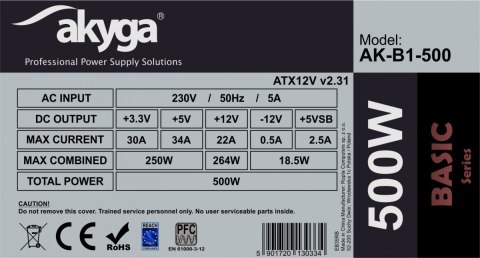 AKYGA Zasilacz ATX 500W AK-B1-500 P4 PCI-E 6+2 pin 3x SATA 2x Molex PPFC FAN 12cm AKYGA Zasilacz ATX 500W AK-B1-500 P4 PCI-E 6+2 pin 3x SATA 2x Molex PPFC FAN 12cm
