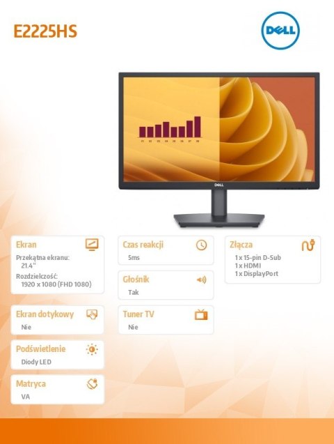Dell Monitor E2225HS 21.4 cala LED VA FHD/(1920x1080)/16:9/DP/HDMI/VGA/Głośniki/3Y Dell Monitor E2225HS 21.4 cala LED VA FHD/(1920x1080)/16:9/DP/HDMI/VGA/Głośniki/3Y