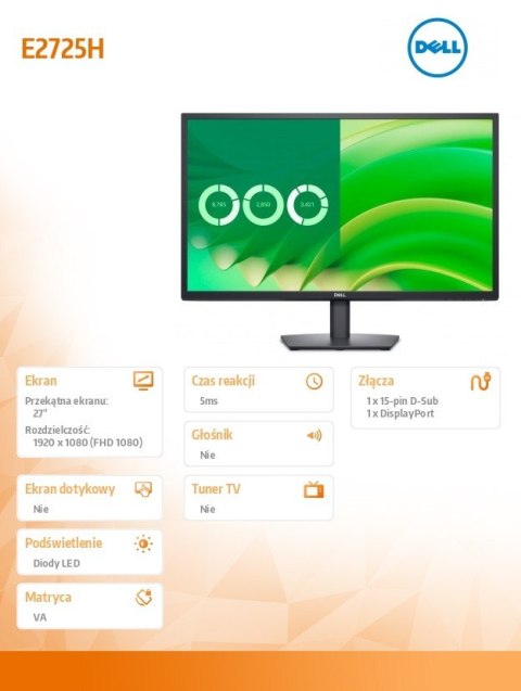 Dell Monitor E2725H 27 cali VA LED FHD/(1920x1080)/16:9/DP/VGA/3Y Dell Monitor E2725H 27 cali VA LED FHD/(1920x1080)/16:9/DP/VGA/3Y