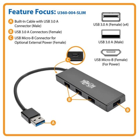 Eaton 4-portowy, ultracienki, przenośny koncentrator USB 3.0 SuperSpeed U360-004-SLIM Eaton 4-portowy, ultracienki, przenośny koncentrator USB 3.0 SuperSpeed U360-004-SLIM