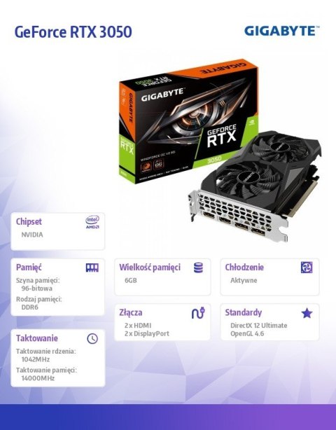 Gigabyte Karta graficzna GeForce RTX 3050 WINDFORCE OC V2 6GB GDDR6 96bit 2DP/2HDMI Gigabyte Karta graficzna GeForce RTX 3050 WINDFORCE OC V2 6GB GDDR6 96bit 2DP/2HDMI