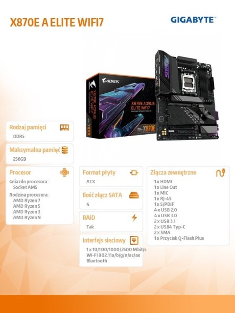 Gigabyte Płyta główna X870E A ELITE WIFI7 AM5 4DDR5 HDMI/USB-C ATX Gigabyte Płyta główna X870E A ELITE WIFI7 AM5 4DDR5 HDMI/USB-C ATX