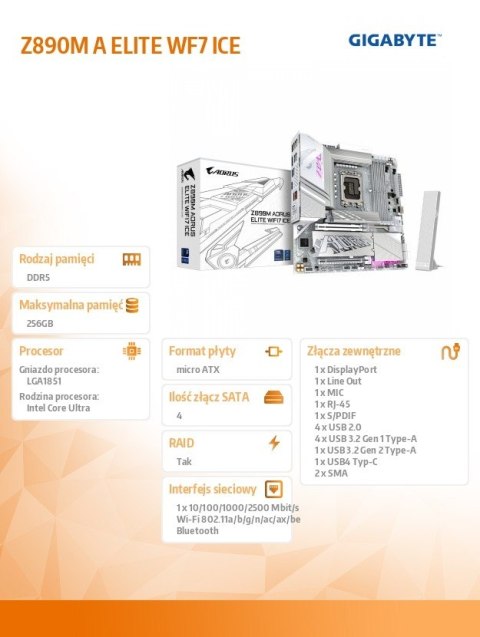 Gigabyte Płyta główna Z890M A ELITE WF7 ICE Gigabyte Płyta główna Z890M A ELITE WF7 ICE