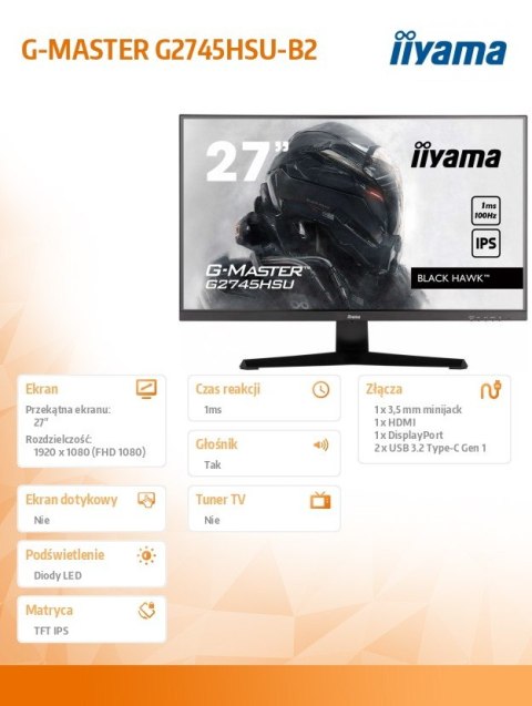 IIYAMA Monitor 27 cali G2745HSU-B2 IPS,FHD,100Hz,1ms,2xUSB,300cd IIYAMA Monitor 27 cali G2745HSU-B2 IPS,FHD,100Hz,1ms,2xUSB,300cd