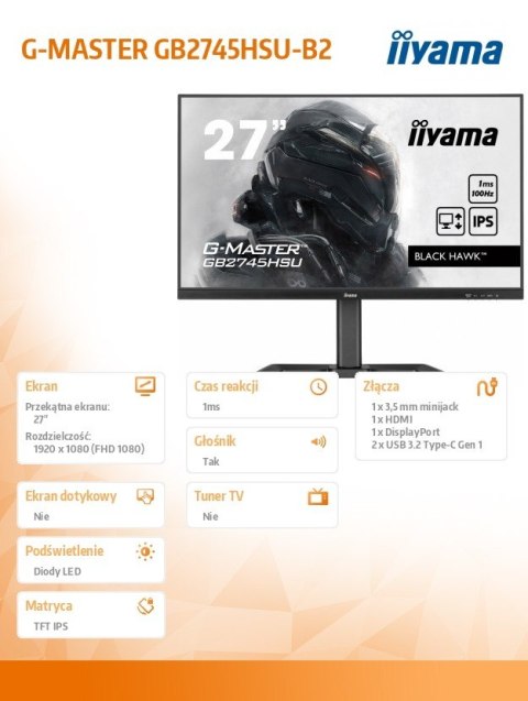 IIYAMA Monitor 27 cali GB2745HSU-B2 IPS,FHD,100Hz,1ms,2xUSB,300cd IIYAMA Monitor 27 cali GB2745HSU-B2 IPS,FHD,100Hz,1ms,2xUSB,300cd