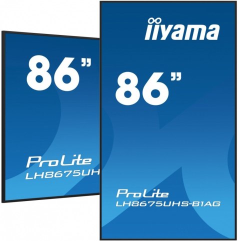 IIYAMA Monitor 85.6 calowy LH8675UHS-B1A, 24/7,IPS,ANDROID.11,4K,500cd/m2,WiFi,3xHDMI,DP,Daisy/Chain,2xUSB,2x10W,RJ45,iiSignage2,FailOv IIYAMA Monitor 85.6 calowy LH8675UHS-B1A, 24/7,IPS,ANDROID.11,4K,500cd/m2,WiFi,3xHDMI,DP,Daisy/Chain,2xUSB,2x10W,RJ45,iiSignage2,FailOv