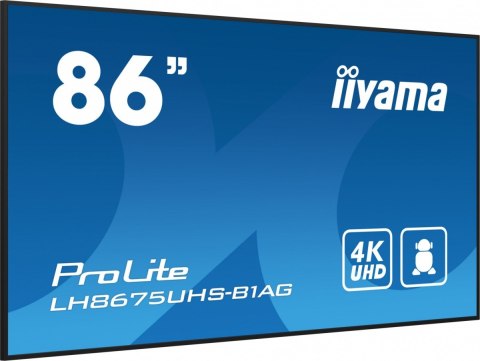IIYAMA Monitor 85.6 calowy LH8675UHS-B1A, 24/7,IPS,ANDROID.11,4K,500cd/m2,WiFi,3xHDMI,DP,Daisy/Chain,2xUSB,2x10W,RJ45,iiSignage2,FailOv IIYAMA Monitor 85.6 calowy LH8675UHS-B1A, 24/7,IPS,ANDROID.11,4K,500cd/m2,WiFi,3xHDMI,DP,Daisy/Chain,2xUSB,2x10W,RJ45,iiSignage2,FailOv