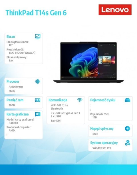 Lenovo Ultrabook ThinkPad T14s G6 21M1000VPB W11Pro 7 PRO 360/32GB/1TB/INT/14.0 WUXGA/Black/3YRS Premier Support + CO2 Offset Lenovo Ultrabook ThinkPad T14s G6 21M1000VPB W11Pro 7 PRO 360/32GB/1TB/INT/14.0 WUXGA/Black/3YRS Premier Support + CO2 Offset