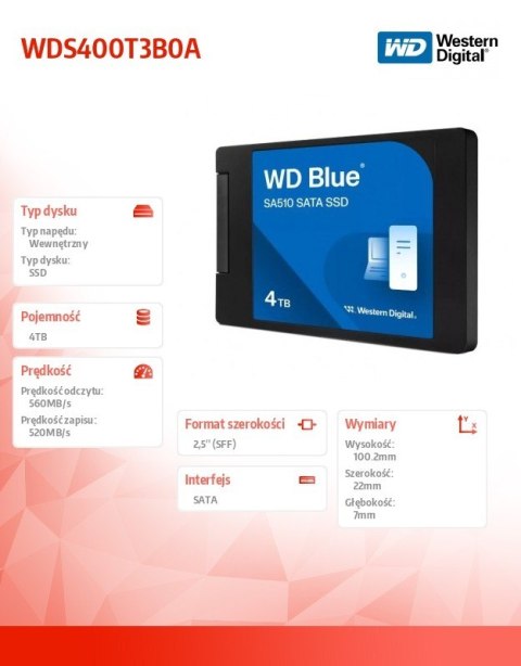 Western Digital Dysk SSD Blue 4TB SA510 2,5 cala WDS400T3B0A Western Digital Dysk SSD Blue 4TB SA510 2,5 cala WDS400T3B0A