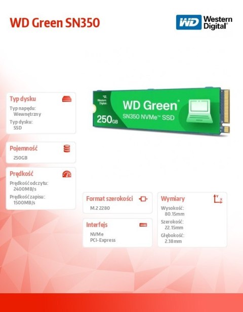 Western Digital Dysk SSD Green 250GB M.2 2280 SN350 NVMe PCIe Western Digital Dysk SSD Green 250GB M.2 2280 SN350 NVMe PCIe