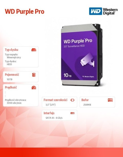 Western Digital Dysk twardy Purple Pro 10TB 3,5 cala 512MB SATA Western Digital Dysk twardy Purple Pro 10TB 3,5 cala 512MB SATA