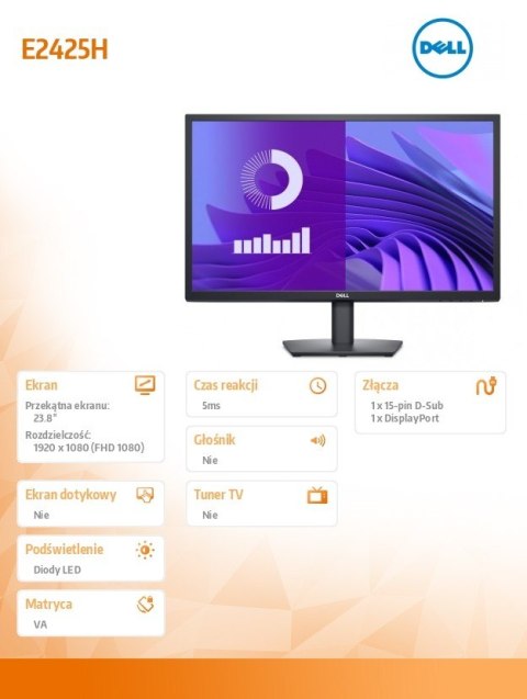 Dell Monitor E2425H 23.8 cala LED VA 1920x1080/DP/VGA/3Y Dell Monitor E2425H 23.8 cala LED VA 1920x1080/DP/VGA/3Y