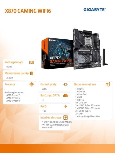 Gigabyte Płyta główna X870 GAMING WIFI6 AM5 4DDR5 HDMI/USB-C ATX Gigabyte Płyta główna X870 GAMING WIFI6 AM5 4DDR5 HDMI/USB-C ATX