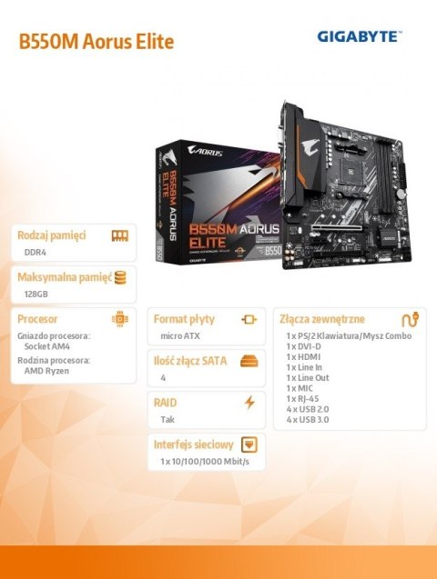 Gigabyte Płyta główna B550M AORUS ELITE AM4 4DDR4 2HDMI/DVI-D mATX Gigabyte Płyta główna B550M AORUS ELITE AM4 4DDR4 2HDMI/DVI-D mATX