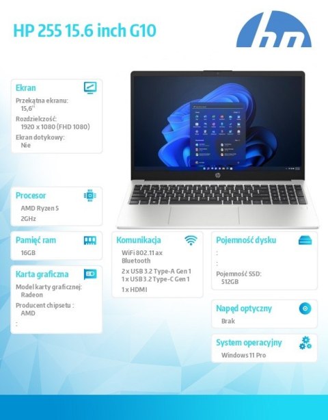 HP Inc. Notebook 255 G10 R5-7530U 512GB/16GB/W11Pro/15,6 cali AL0E8AT HP Inc. Notebook 255 G10 R5-7530U 512GB/16GB/W11Pro/15,6 cali AL0E8AT