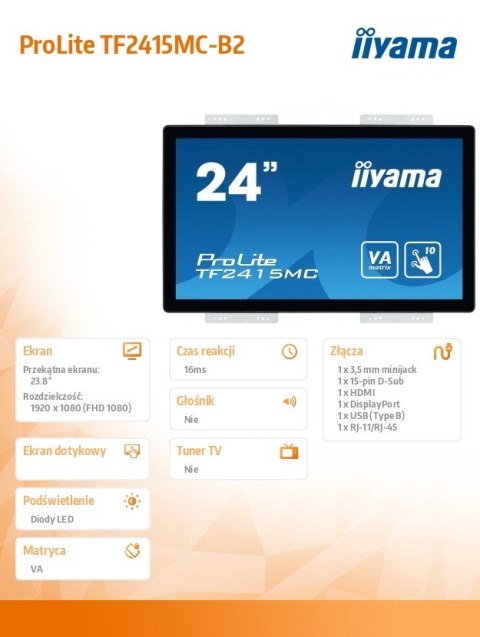 IIYAMA Monitor 24 TF2415MC-B2 pojemnościowy 10PKT, pianka, HDMI, DP IIYAMA Monitor 24 TF2415MC-B2 pojemnościowy 10PKT, pianka, HDMI, DP