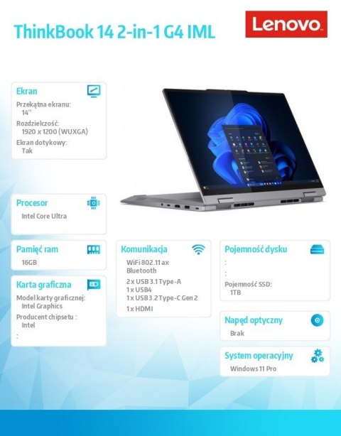 Lenovo Laptop ThinkBook 14 2in1 IML G4 21MX0028PB W11Pro Ultra 7 155U/16GB/1TB/INT/14.0 WUXGA/Touch/Luna Grey/3YRS OS + CO2 Offset Lenovo Laptop ThinkBook 14 2in1 IML G4 21MX0028PB W11Pro Ultra 7 155U/16GB/1TB/INT/14.0 WUXGA/Touch/Luna Grey/3YRS OS + CO2 Offset
