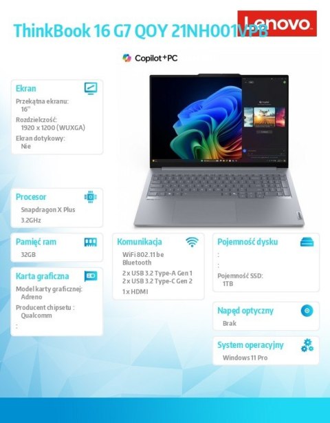 Lenovo Laptop ThinkBook 16 G7 21NH001VPB W11Pro X1P-42-100/32GB/1TB/INT/16.0 WQXGA/Luna Grey/3YRS OS + CO2 Offset Lenovo Laptop ThinkBook 16 G7 21NH001VPB W11Pro X1P-42-100/32GB/1TB/INT/16.0 WQXGA/Luna Grey/3YRS OS + CO2 Offset