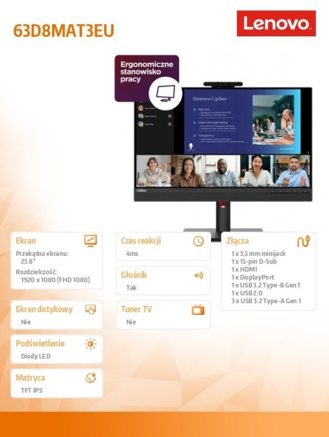 Lenovo Monitor 23.8 cala ThinkVision T24v-30 WLED LCD 63D8MAT3EU Lenovo Monitor 23.8 cala ThinkVision T24v-30 WLED LCD 63D8MAT3EU
