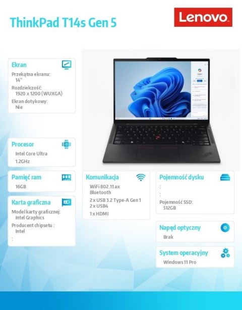 Lenovo Ultrabook ThinkPad T14s G5 21LS0021PB W11Pro Ultra 7 155U/16GB/512GB/INT/14.0 WUXGA/Black/3YRS Premier Support + CO2 Offset Lenovo Ultrabook ThinkPad T14s G5 21LS0021PB W11Pro Ultra 7 155U/16GB/512GB/INT/14.0 WUXGA/Black/3YRS Premier Support + CO2 Offset