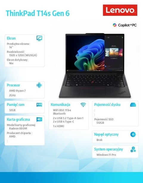 Lenovo Ultrabook ThinkPad T14s G6 W11Pro 7 PRO 360/32GB/512GB/INT/14.0 WUXGA/Black/3YRS Premier Support + CO2 Offset Lenovo Ultrabook ThinkPad T14s G6 W11Pro 7 PRO 360/32GB/512GB/INT/14.0 WUXGA/Black/3YRS Premier Support + CO2 Offset