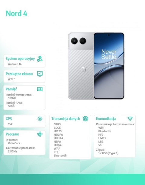 OnePlus Smartfon Nord 4 5G 16/512 GB CPH2663 srebrny OnePlus Smartfon Nord 4 5G 16/512 GB CPH2663 srebrny