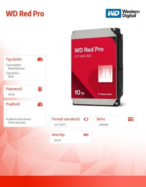 Western Digital Dysk HDD Red Pro 10TB 3,5 cala 256 MB SATA 7200rp WD103KFBX Western Digital Dysk HDD Red Pro 10TB 3,5 cala 256 MB SATA 7200rp WD103KFBX