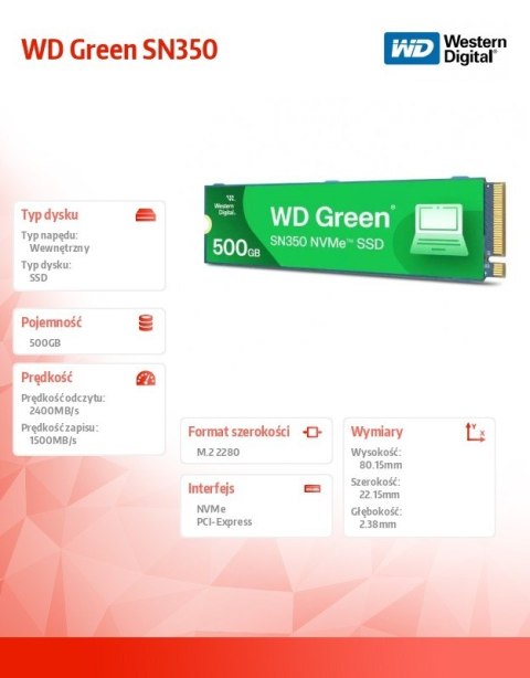 Western Digital Dysk SSD Green 500GB M.2 2280 SN350 NVMe PCIe Western Digital Dysk SSD Green 500GB M.2 2280 SN350 NVMe PCIe