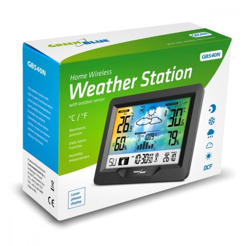 GreenBlue Stacja pogodowa bezprzewodowa GB540N wskaźnik komfortu, pomiar wilgotności, fazy księżyca, zegar z systemem DCF GreenBlue Stacja pogodowa bezprzewodowa GB540N wskaźnik komfortu, pomiar wilgotności, fazy księżyca, zegar z systemem DCF
