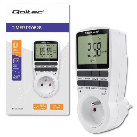Qoltec Elektroniczny programator czasowy PC0628 | 3680W | 16A | LCD Qoltec Elektroniczny programator czasowy PC0628 | 3680W | 16A | LCD