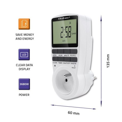 Qoltec Elektroniczny programator czasowy PC0628 | 3680W | 16A | LCD Qoltec Elektroniczny programator czasowy PC0628 | 3680W | 16A | LCD