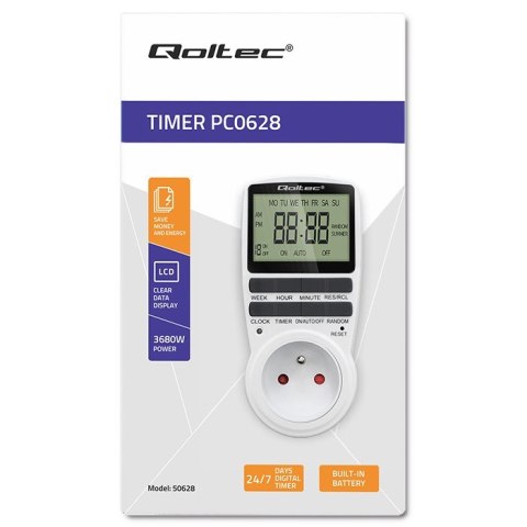 Qoltec Elektroniczny programator czasowy PC0628 | 3680W | 16A | LCD Qoltec Elektroniczny programator czasowy PC0628 | 3680W | 16A | LCD
