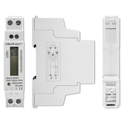 Qoltec Jednofazowy elektroniczny licznik | miernik zużycia energii na szynę DIN | 230V | LCD | 2P | Slim Qoltec Jednofazowy elektroniczny licznik | miernik zużycia energii na szynę DIN | 230V | LCD | 2P | Slim