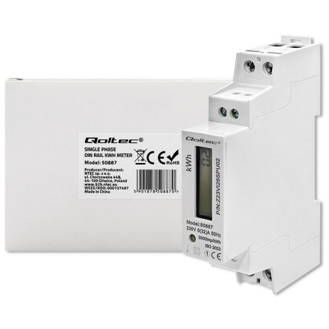 Qoltec Jednofazowy elektroniczny licznik | miernik zużycia energii na szynę DIN | 230V | LCD | 2P | Slim Qoltec Jednofazowy elektroniczny licznik | miernik zużycia energii na szynę DIN | 230V | LCD | 2P | Slim