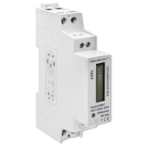 Qoltec Jednofazowy elektroniczny licznik | miernik zużycia energii na szynę DIN | 230V | LCD | 2P | Slim Qoltec Jednofazowy elektroniczny licznik | miernik zużycia energii na szynę DIN | 230V | LCD | 2P | Slim