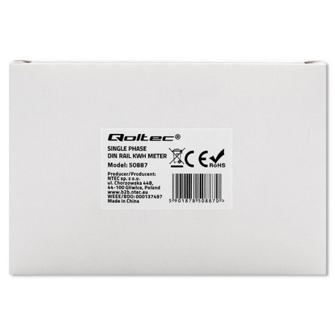 Qoltec Jednofazowy elektroniczny licznik | miernik zużycia energii na szynę DIN | 230V | LCD | 2P | Slim Qoltec Jednofazowy elektroniczny licznik | miernik zużycia energii na szynę DIN | 230V | LCD | 2P | Slim
