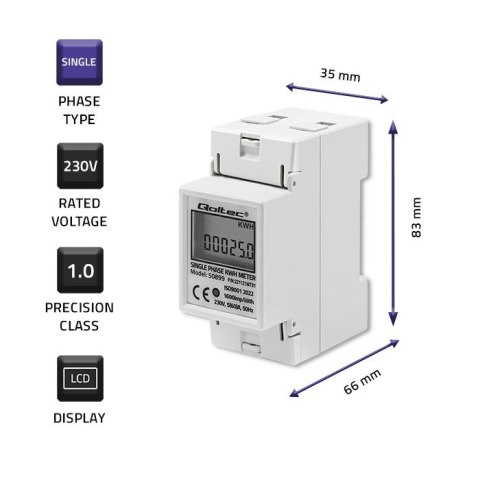 Qoltec Jednofazowy elektroniczny licznik | miernik zużycia energii na szynę DIN | 230V | LCD | 2P Qoltec Jednofazowy elektroniczny licznik | miernik zużycia energii na szynę DIN | 230V | LCD | 2P