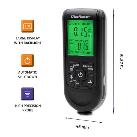 Qoltec Miernik grubości lakieru z wyświetlaczem LCD | 0~2000um Qoltec Miernik grubości lakieru z wyświetlaczem LCD | 0~2000um