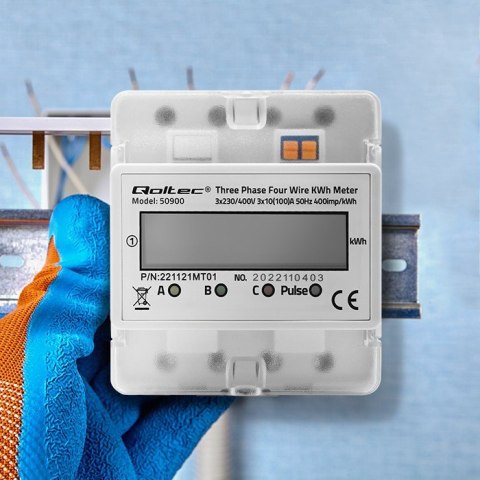 Qoltec Trójfazowy elektroniczny licznik | miernik zużycia energii na szynę DIN | 400V | LCD | 4P Qoltec Trójfazowy elektroniczny licznik | miernik zużycia energii na szynę DIN | 400V | LCD | 4P